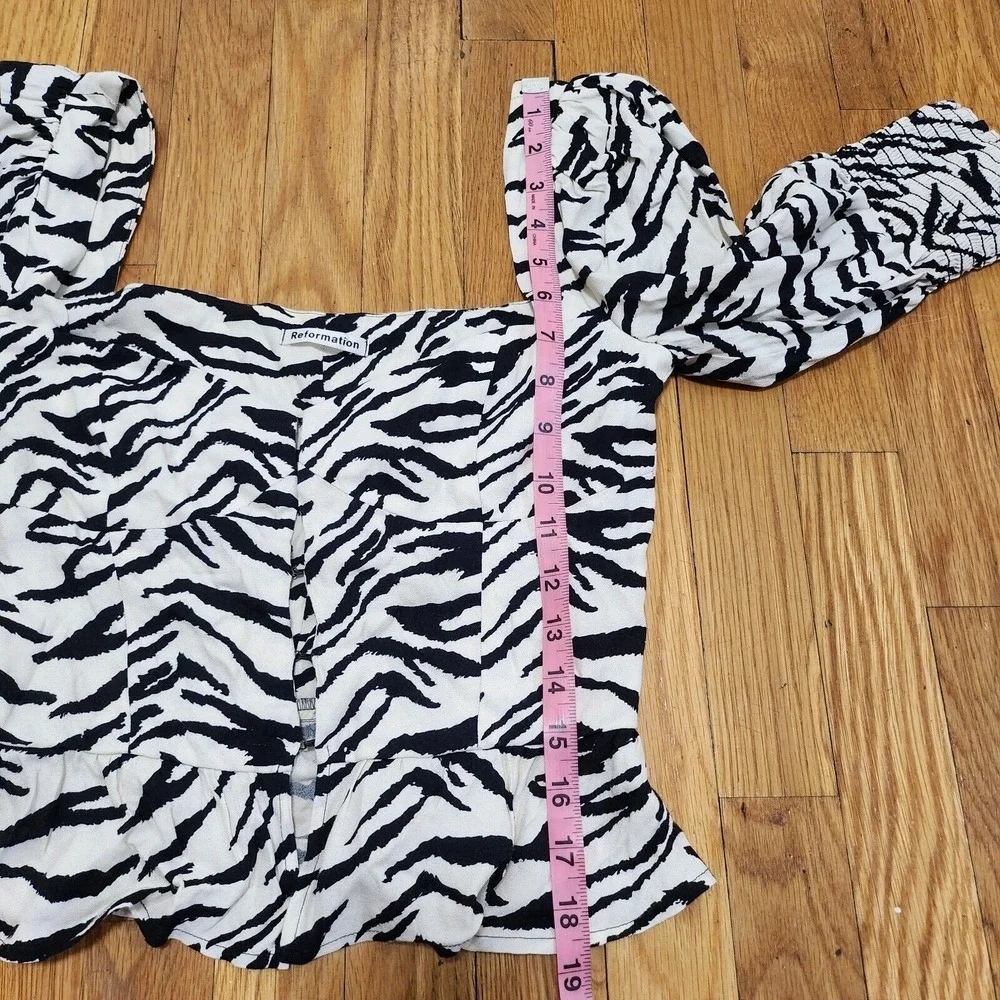 Reformation Black and Cream Zebra Print Puff Sleeve Blouse